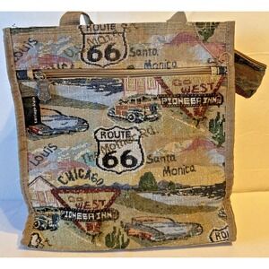 Route 66 Tapestry Bag  Wristlet Tote Karriage-Mate Cars Book Knit Crafts 1950-60